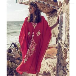 Casual Dresses 2023 Red Bohemian Floral Embroidered Loose Summer Beach Dress Moroccan Caftan Plus Size Women Street Wear Midi Sarong N855