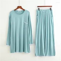 Women's Sleepwear Autumn Women Comfort Soft Silky Modal Pajamas Set Round Collar Solid Color 2PCS Tops Pants Fat Mm Loose Homewear