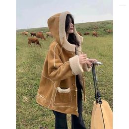 Women's Leather Fashion Korean Faux Suede Coat Lamb Wool Splice Design Sense Hooded Thicken Warm Motorcycle Jacke Texture Winter Top