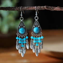 Vintage Turquoises Beads Tassel Earrings Women's Geometry Ethnic Alloy Dangle Earrings