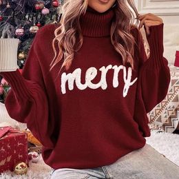 Women's Sweaters Merry Christmas Turtleneck Winter Women Bat Sleeve Knit Knitwear Temperament Tops Beauty Plush Letter Knitting Pullover