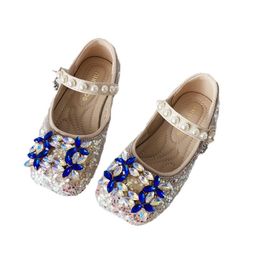 2024 Spring girls crystal flat shoes kids pearls buckle princess shoes children rhinestones birthday party dance shoe Z6053