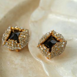 Stud Earrings Antique Black Crystal Square Sparkling Zircon Women's Fashion Simple Geometric Advanced Piercing