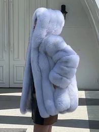 Women's Fur Faux Fur Women Winter Real Silver Fox Fur Coat Long Genuine Fur Jacket Fashion Luxury Natural Fur Streetwear Hood Plush Outerwear Brand 231214