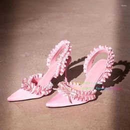 Dress Shoes Pink Stain Pointed Toe Stiletto Heels Pumps Women Ruffle Bow Slingback Slip On Shallow Crystal Party Sandals Bridal