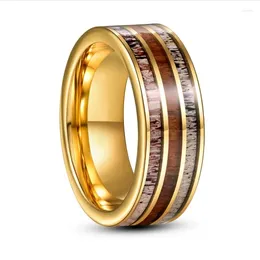 Wedding Rings 8mm Electric Gold Colour Inlaid Deer Antler Wood Grain Tungsten Steel Ring For Men Fashion Jewellery Gift