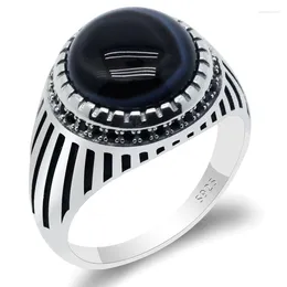 Cluster Rings Turkey Black Agate Ring For Men 925 Sterling Silver With Natural Round Stone & CZ Simple Jewelry Male Women Gift