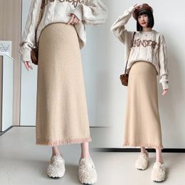 Skirts Skorts 5588 Tassel Knitted Maternity Long Skirts Loose Straight Belly Bottoms Clothes for Pregnant Women Casual Autumn Winter Pregnancy 231215