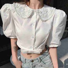 Women's Blouses & Shirts Designer new miumius family style fairy sweet white shirt with doll collar and diamond inlaid short WN1X