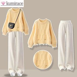 Womens Two Piece Pants Korean version autumn female student set womens knitted sweater almond wide leg pants womens twopiece Setwomen pants 231214