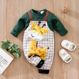 Rompers Spring And Autumn Boys And Girls Cute Cartoon Giraffe Printed False Strap Long Sleeve Baby BodysuitL231114