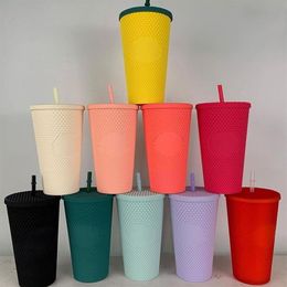 Mugs Tumblers With Straw Coffee Cold Cup Double Layer Plastic Durian Diamond Matte Yellow Studded296Z