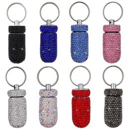 Bling Diamond Aluminium Alloy Rhinestone Medicine Case Pill Container Pocket Organiser Storage Bottle With Keychain Box Tablet Holder Sparkling Mini Dabber Jars