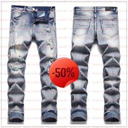 Christmas Discount ~ 50 off~Jeans Designer European Jean Hombre Letter Star Men Embroidery Patchwork Ripped For Trend Motorcycle Pant Mens Skinny.