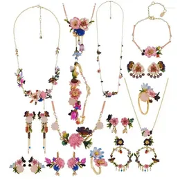 Necklace Earrings Set Monet Garden Enamel Glaze Pink Flower Tassel Long Stud Bracelet Jewellery For Woman 2023 Trend