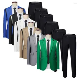 Men's Suits Fashion Men Business Social Wedding Prom Party Suit 2 Piece Green / Black Blue Patchwork Slim Fit Blazer And Pant