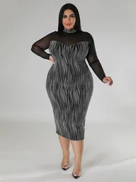 Plus Size Dresses Sexy Dress For Women Gauze Patchwork Long Sleeves Pencil Mid-calf Fashion Glitter See Through Nightclub Party Vestidos