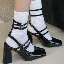 Dress Shoes 2024 Brand Block High Heeled Mary Janes Women Square Toe Y2k Style Black Buckle Ankle Straps Pumps