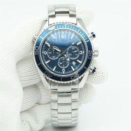Blue Dial Metre Watch 44mm Quartz Chronograph Diver 600m Stainless Steel Glass Back Sports Sea Mens Watches259J