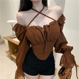 Women's Blouses Long Sleeve Ruffled Chiffon Shirt Off The Shoulder One Slim Fit Crop Top Sexy Trumpet Lace Up Blouse Retro