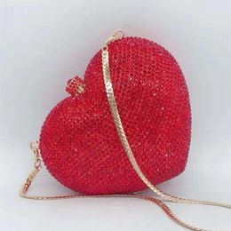 Evening Bags High Quality Red Colour Diamond Purse Gold Metal Women Crystal Clutch Bag Heart Shape Party Wedding Clutches Chain Han296S