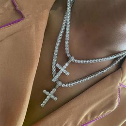 Big Cross Necklace Men 14K White Gold Goth Tennis Chain Crystal Rhinestone Choker Necklace for Women Collar
