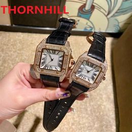 High Quality Men Women Square Roman Dial Watch Shinning Diamonds Ring Full Iced Out Watches Leather Brown Black Red Quartz Movemen201l