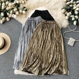 Skirts Women Fashoin Shiny Pleated Skirt Korean Solid High Elastic Waist Midi Longa Black Silver Gold Casual Work