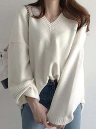 Women's Sweaters White Knitted Women Autumn Winter Pullovers Female Korean Fashion Long Sleeve Knitwear Tops Elegant Loose V-Neck Jumper