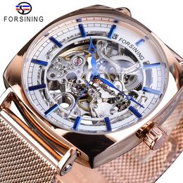 Forsining Rose Gold Mechanical Men Wristwatch Creative Square Transparent Business Steel Mesh Band Sports Automatic Watches Gift186G