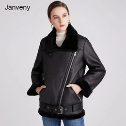 Women's Leather Faux Leather Women Leather Jacket Winter Faux Shearling Sheepskin Coat Female Thick Warm Suede Lambs Short Motorcycle Black Coats 231214