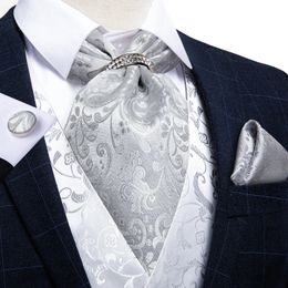 Neck Ties Luxury Silver Paisley Men Ascot Tie Wedding Formal Cravat Scrunch Self British Set Pocket Square Cufflink DiBanGu 231214