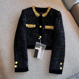 2024 Spring Black Contrast Colour Beaded Rhinestone Weave Tweed Jacket Long Sleeve Round Neck Sequins Single-breasted Outwear Coats Z3D121283
