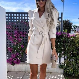 Casual Dresses Autumn Women's Dress Solid Decorative Button Belt Blazers With Fashion Formal