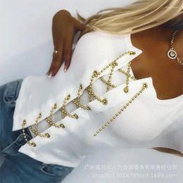 Women's T Shirts 2023 Spring Autumn Clothing Chain Strap Tight Top Casual Everyday Fashion All-Matching