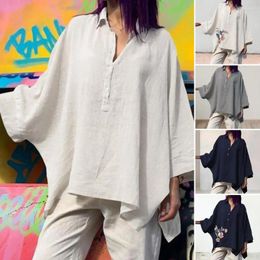 Women's Blouses Women Top Solid Colour Turn-down Collar Soft Irregular Hem Shirt Button Batwing Sleeves Summer Blouse