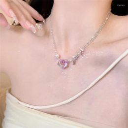 Pendant Necklaces Korean Pink Heart Rhinestone Necklace For Women Fashion Crystal Choker Chain Party Wedding Jewelry Gift