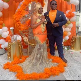 Orange Birthday Prom Dress With Feather Mermaid Plus Size Black Girls Sequin Evening Gown Nigeria Formal Party Senior Baddie Robes Mariage Vestidos De Gala 2024