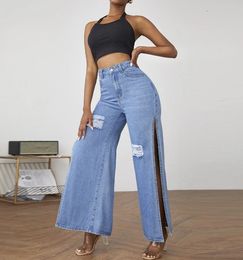 Women s Jeans 2023 Spring Fashion Ripped Side Slit Casual High Waist Pocket Design Daily Wide Leg Y2K Streetwear 231215