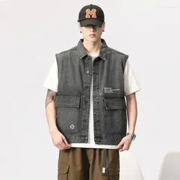 Men's Vests Solid Round Neck Casual Sleeveless Jacket Grey Denim Coat Hip Hop Street Tank Top Y2K Clothing Motorcycle