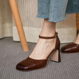 Sandals Woman Pumps Thick Heel Women Shoes On Cowhide Real Leather Elegant French Style One Strap Ladies Retro