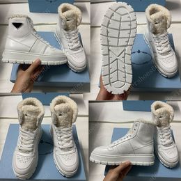 Leather and shearling high top boots 1T948M White Shearling lining Enamelled metal triangle logo rubber sole Autumn Winter cowhide leather boots comfort boot