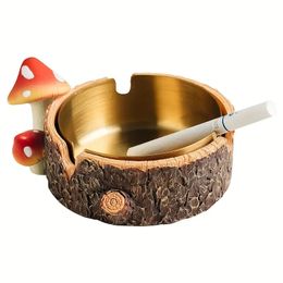 1pc, Ashtray, Cute Mushroom Ashtray With Stainless Steel Tray For Cigarette, Natural Resin Ash Tray For Indoor Or Outdoor Use, Ash Holder For Home And Garden Decor