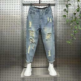 Men's Jeans Foufurieux Men Summer Ripped Ankle Length Oversize Holes Hip Hop Trousers Denim Scratched Loose Blue Pants High Street