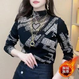 Women's T Shirts Autumn Winter T-shirt Half High Collar Printed Long Sleeve Tops Female Clothing Hollow Out Korean Leopard Diamonds Tees