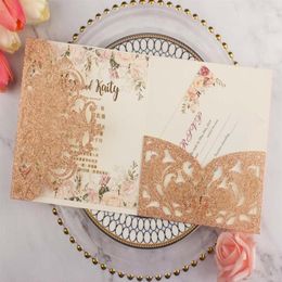 Greeting Cards 50X Champagne Glitter Rose Gold Wedding Invitations Envelope Personalised RSVP Laser Cutting Pocket Fold Invite1258u