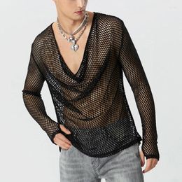 Men's T Shirts Sexy Transparent Mesh Top For Men Nightclub Party Wear Fashion Hollow Out Bottoming Shirt Mens See Through T-shirts