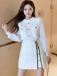 Work Dresses Fashion 2 Piece Set Autumn Women Chiffon Patchwork Long Sleeve Knit Top&High Waist Plaid Tweed Mini Skirt Female Casual Suit