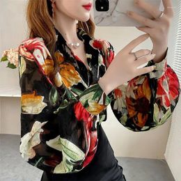 Women's Blouses Clothing Vintage Floral Printed Shirt Stylish Single-breasted 2023 Spring Long Sleeve Casual Polo-Neck Commute Blouse