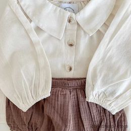 Clothing Sets Spring Baby Clothes Autumn Long Sleeve Blouse Top Organic Cotton Shorts Set Lapel Solid Color Vintage Bloomer Baby Gift Suit R231215